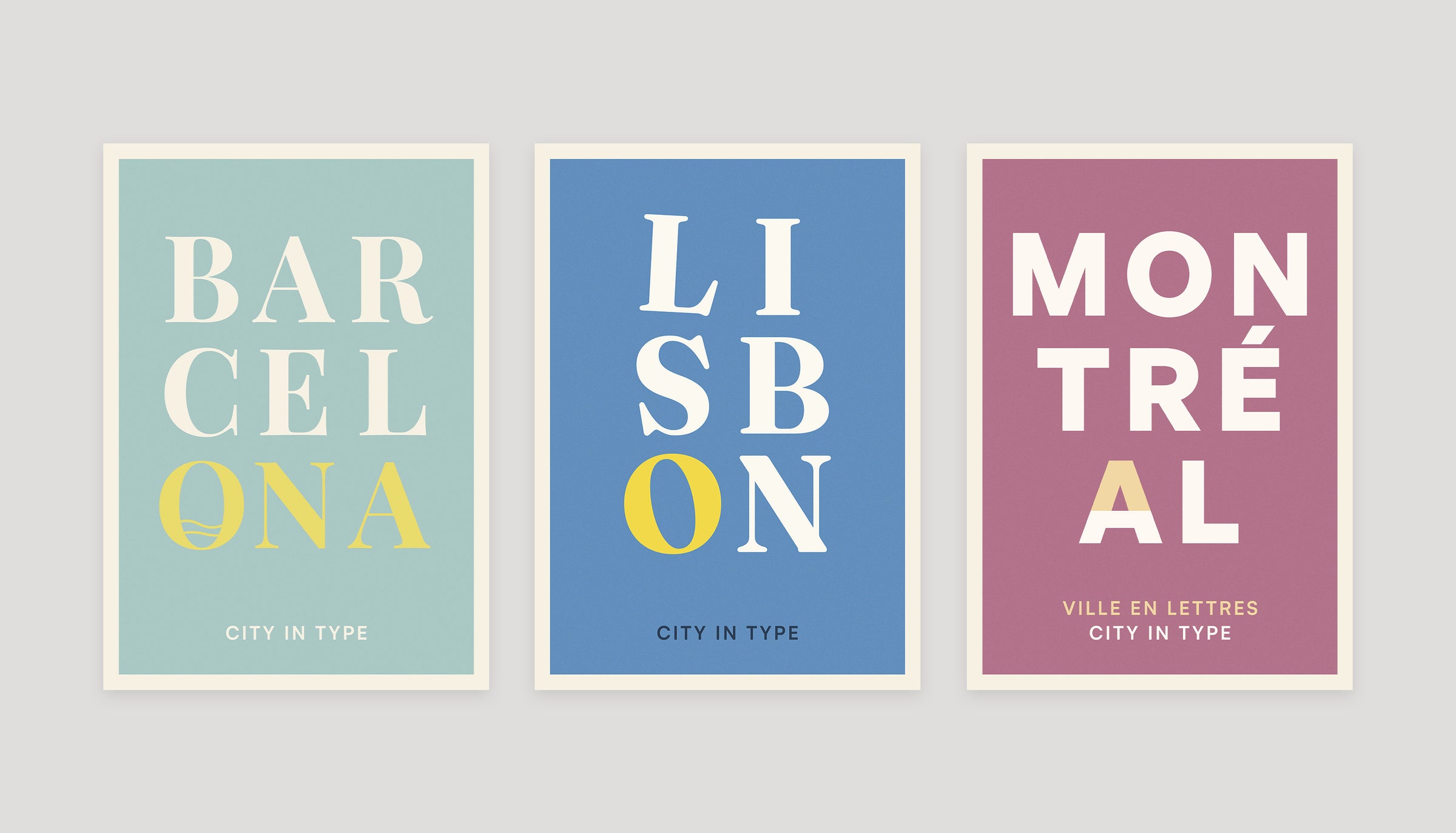 Three typographic city posters: Barcelona, Lisbon, and Montréal