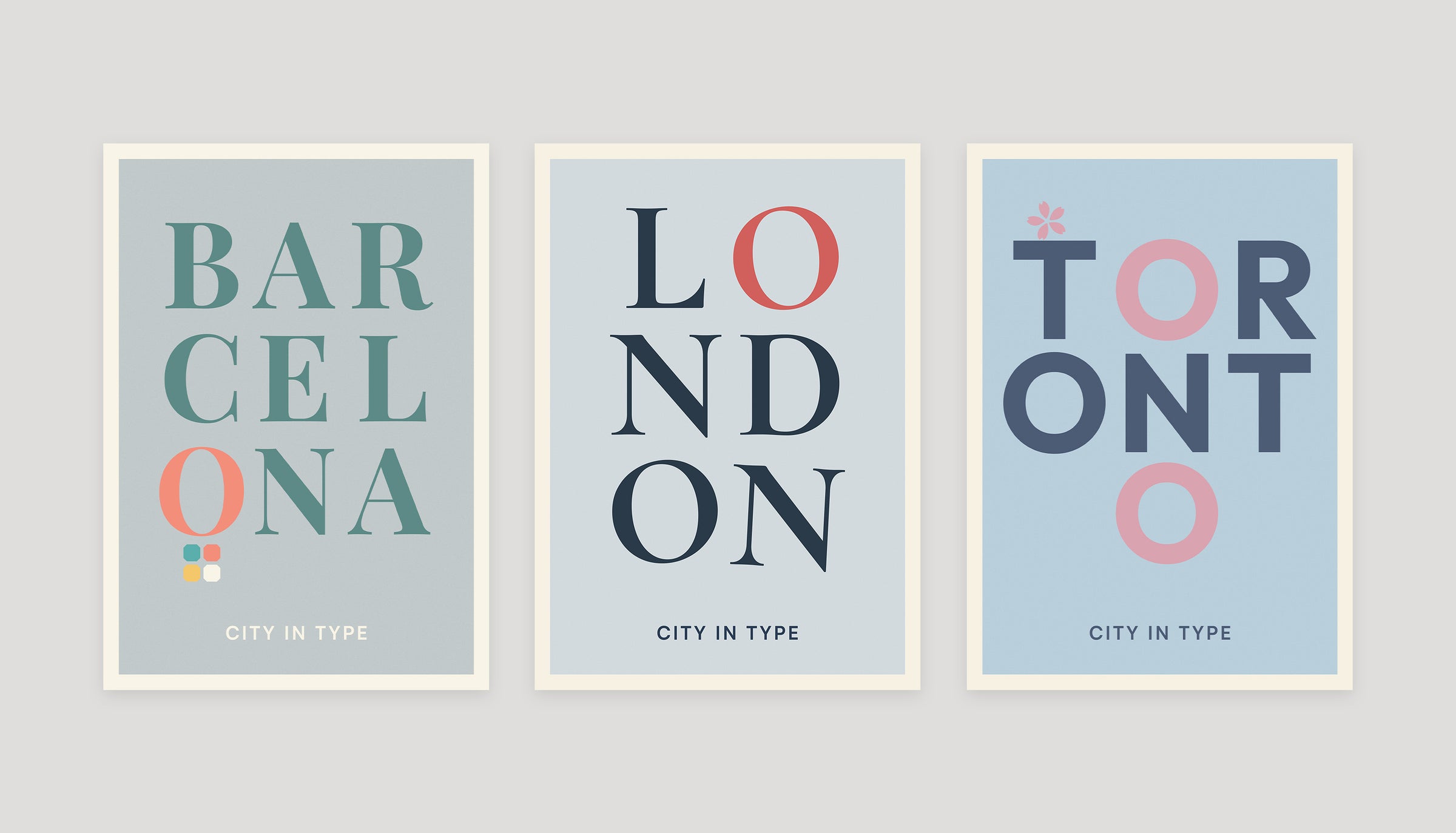 Three typographic city posters: Barcelona, London, and Toronto