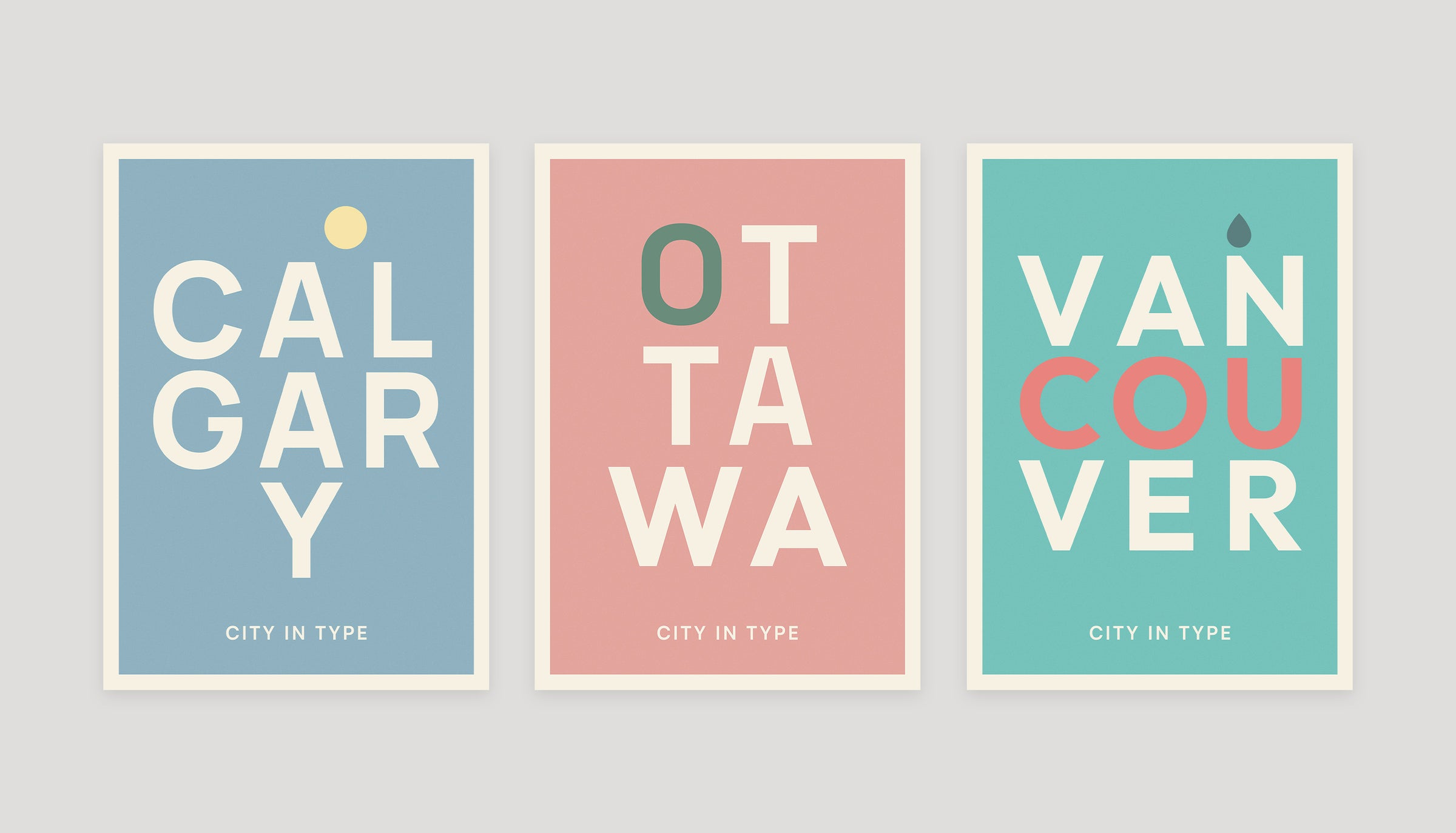 Three typographic city posters: Calgary, Ottawa, and Vancouver