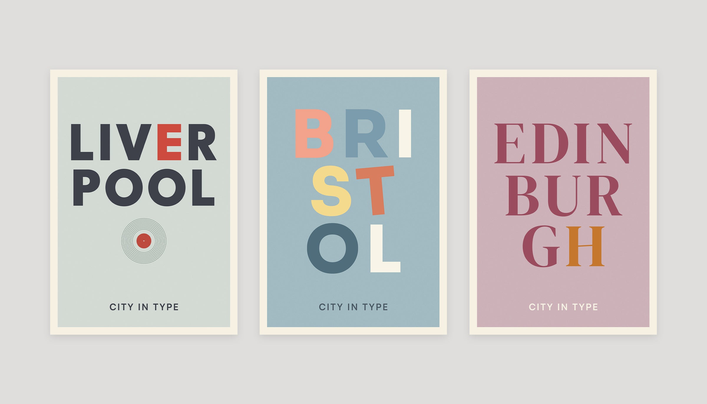 Three typographic city posters: Liverpool, Bristol, and Edinburgh