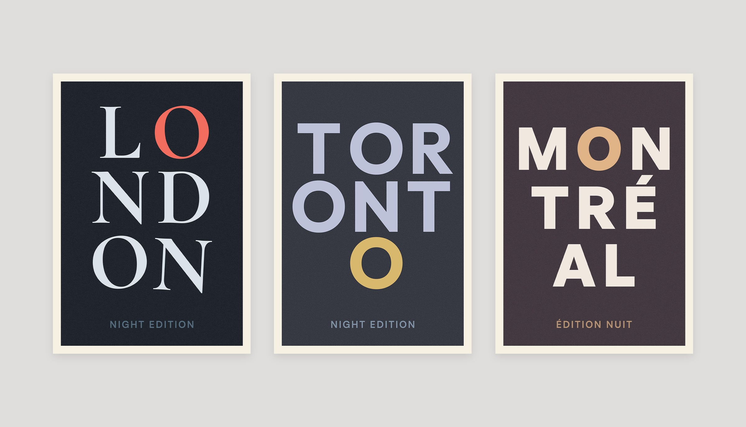 Three typographic night edition posters: London, Toronto, and Montréal