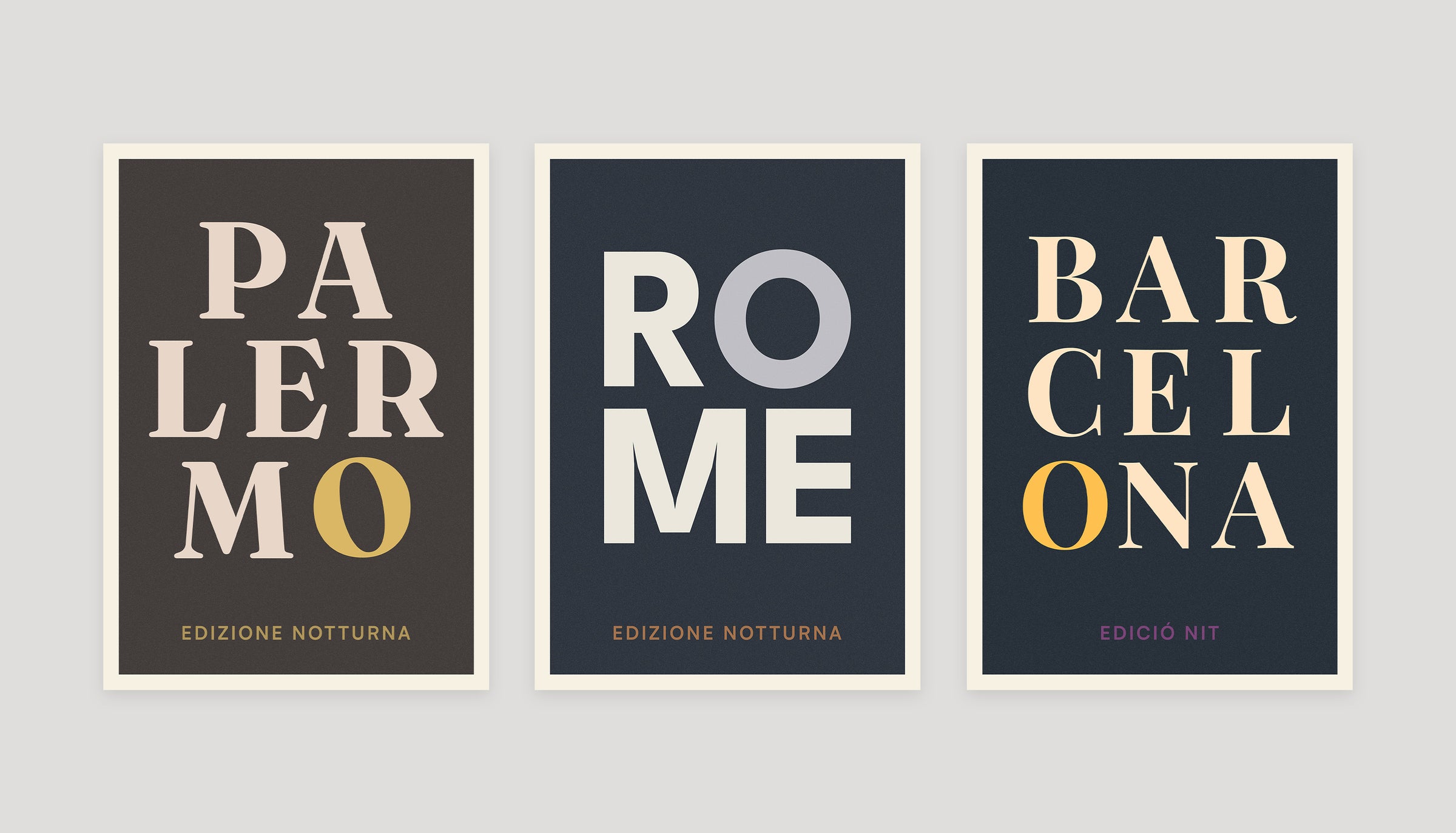 Three typographic night edition posters: Palermo, Rome, and Barcelona