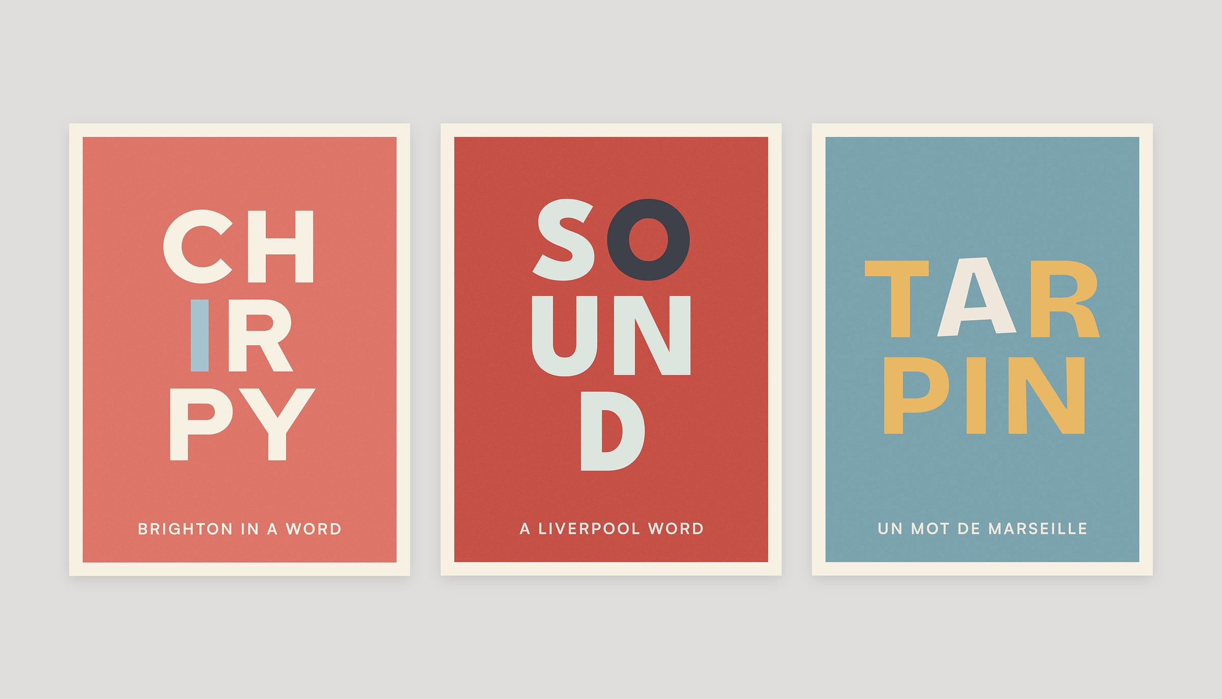 Three typographic word posters: Chirpy, Sound, and Tarpin